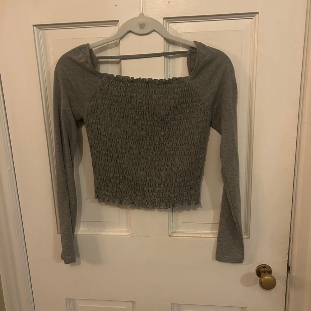 Gray Smocked Long-Sleeve Women's Top